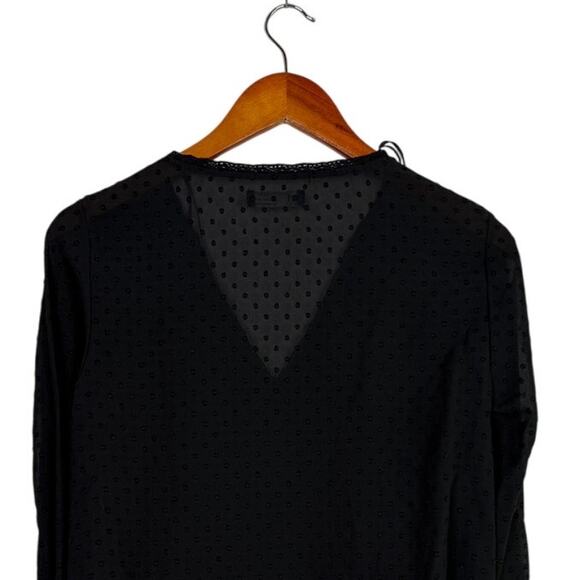Zara Swiss Dotted Ruffle Detail Semi Sheer Long Sleeve V Neck Blouse XS Black - Picture 7 of 15